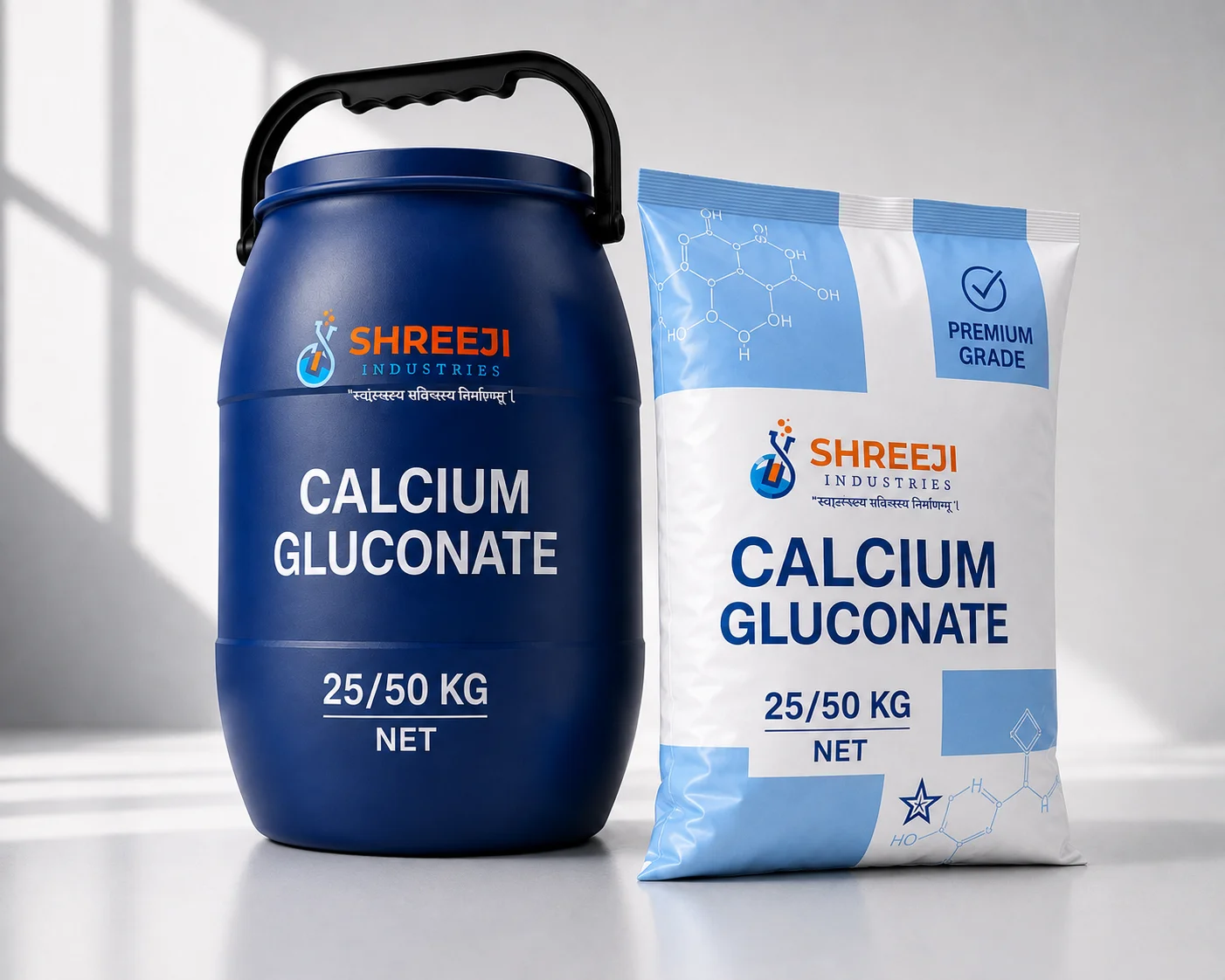 Calcium Gluconate by Shreeji Industries — premium pharmaceutical-grade 50 kg packaging