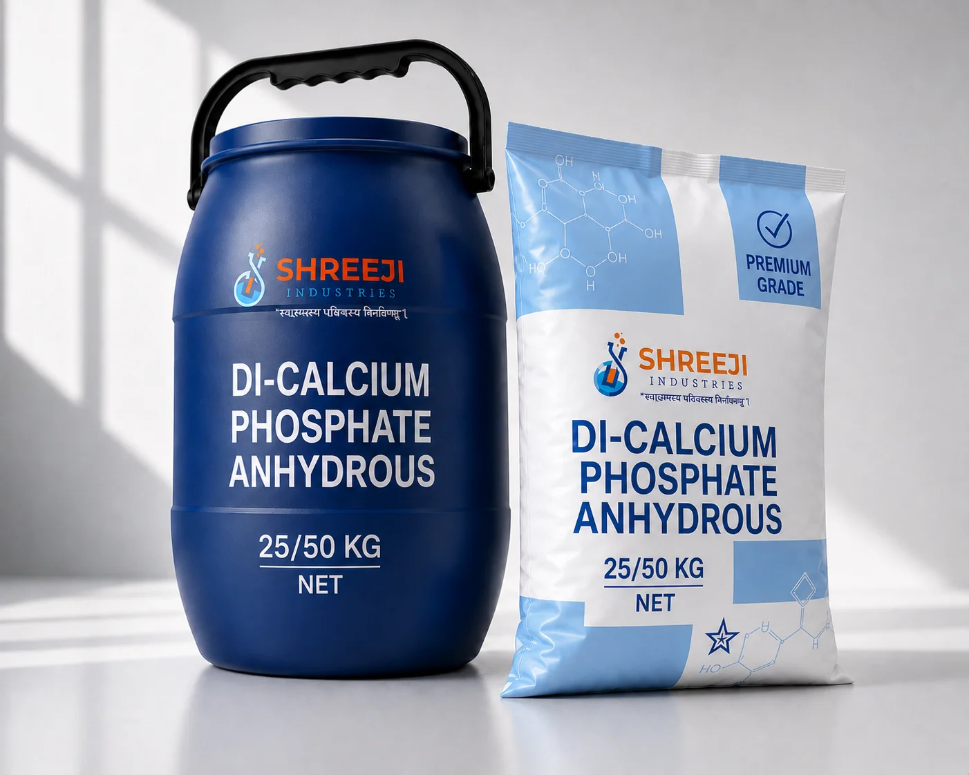 Di-Calcium Phosphate Anhydrous by Shreeji Industries — premium pharmaceutical-grade 50 kg packaging