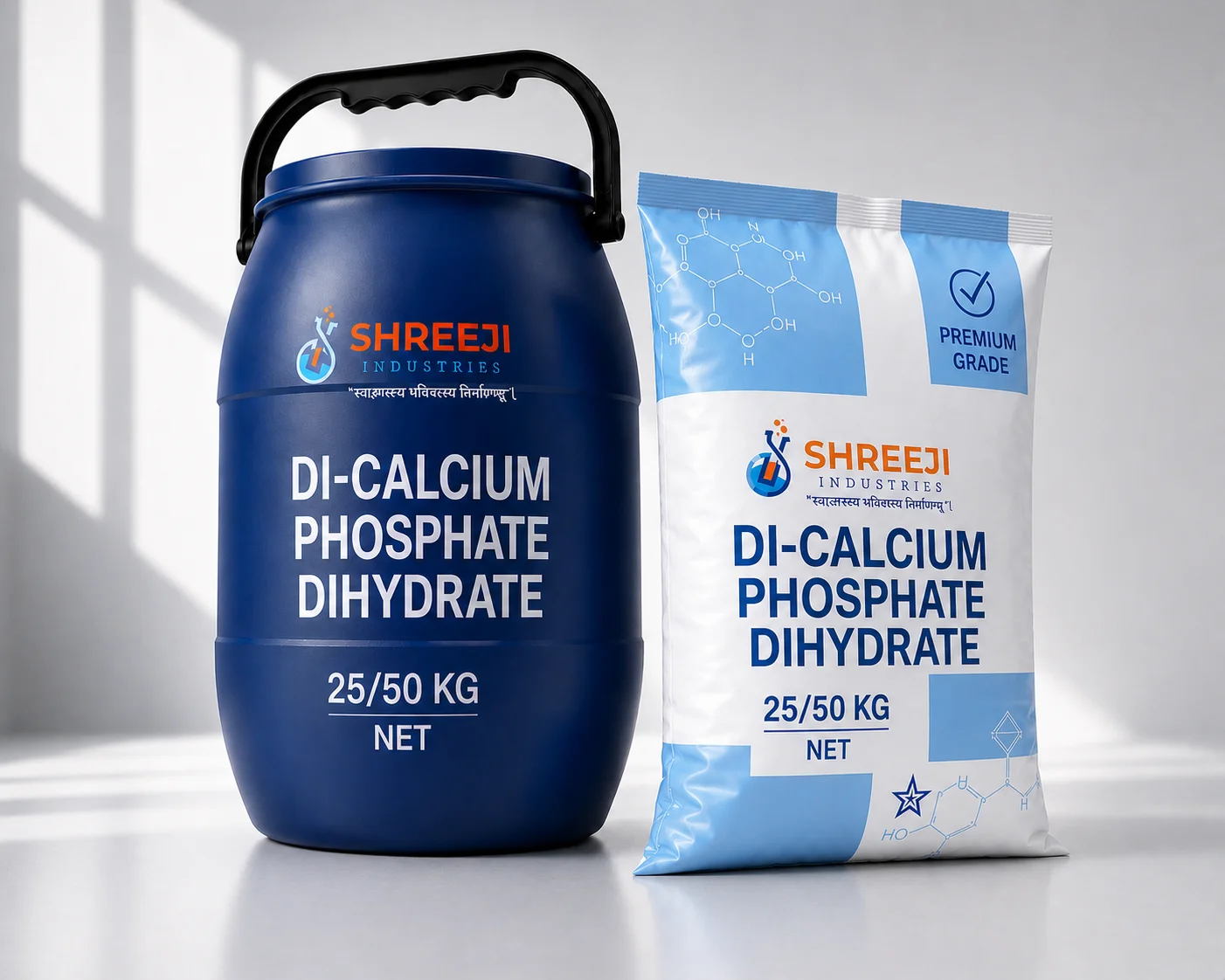 Di-Calcium Phosphate Dihydrate by Shreeji Industries — premium pharmaceutical-grade 50 kg packaging