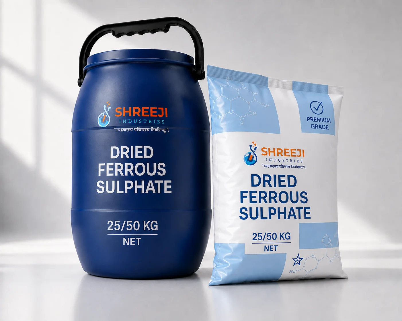 Dried Ferrous Sulphate by Shreeji Industries — premium pharmaceutical-grade 50 kg packaging