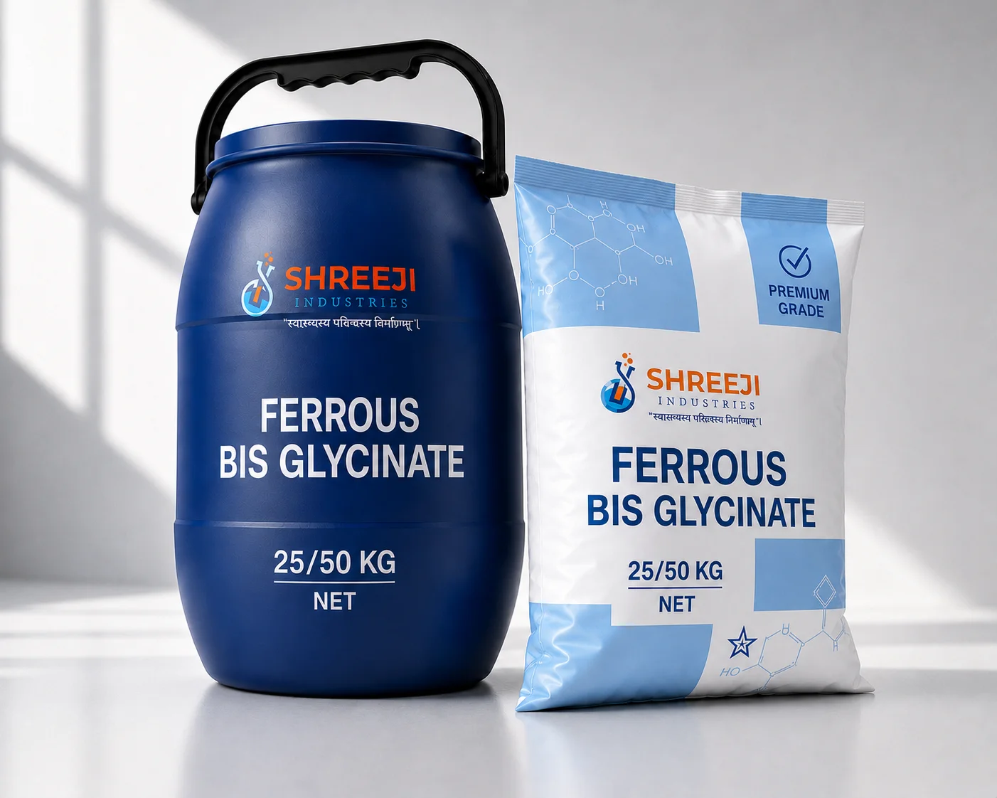 Ferrous Bis Glycinate by Shreeji Industries — premium pharmaceutical-grade 50 kg packaging