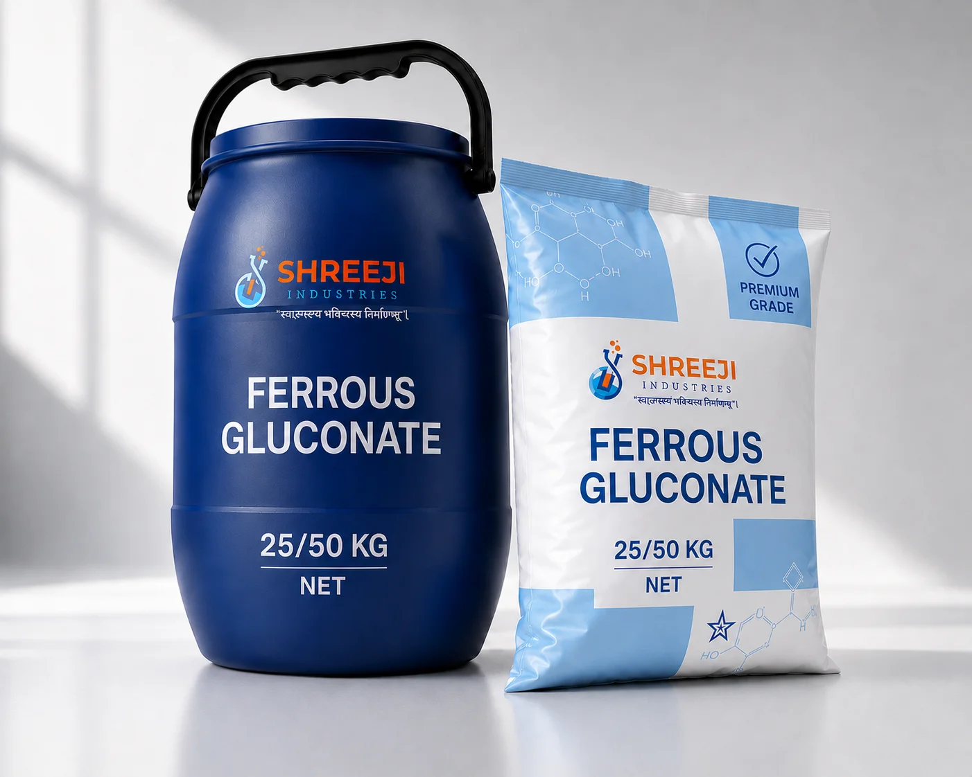 Ferrous Gluconate by Shreeji Industries — premium pharmaceutical-grade 50 kg packaging