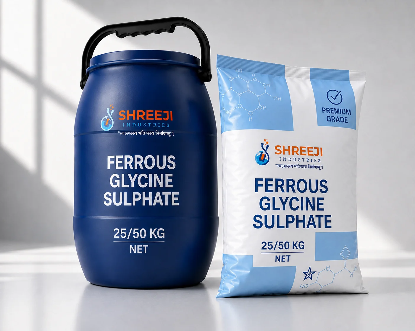 Ferrous Glycine Sulphate by Shreeji Industries — premium pharmaceutical-grade 50 kg packaging