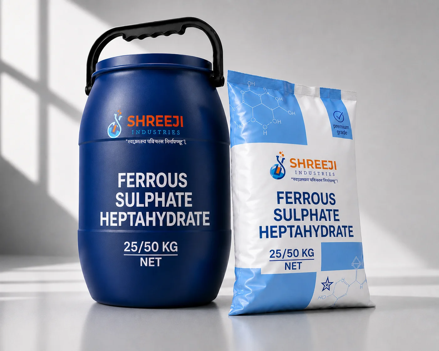 Ferrous Sulphate Heptahydrate by Shreeji Industries — premium pharmaceutical-grade 50 kg packaging